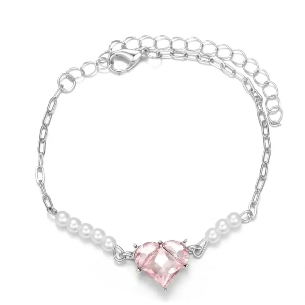 Sterling Silver Pink Cubic Zirconia Heart Pearl Bracelet